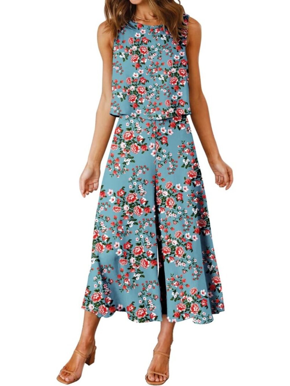 Women's Summer 2 Piece Green Round Neck Crop Top Cropped Wide Leg Jumpsuits